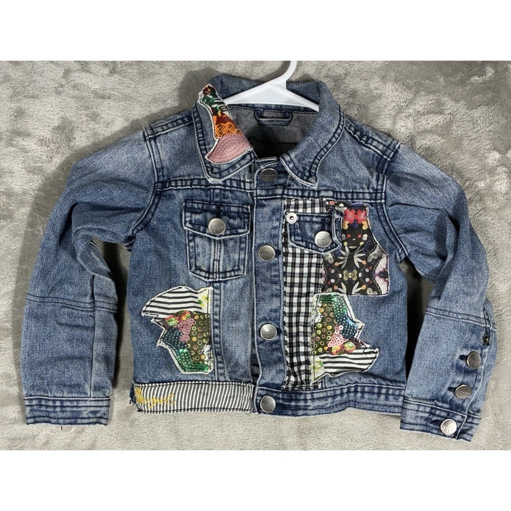 Desigual Denim Jean Jacket Floral Long Sleeve Stretch‎ embellished patches 7/8